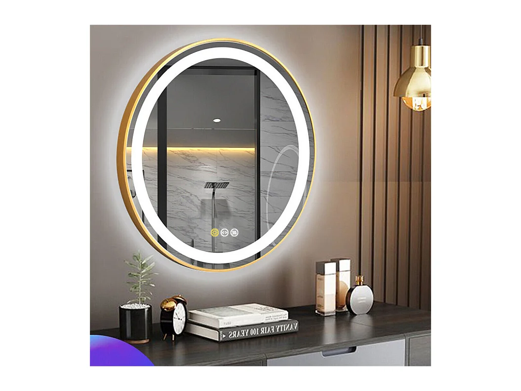 Runder LED Badezimmerspiegel gold mit 3 einstellbaren Farben Antibeschlag 60x60cm