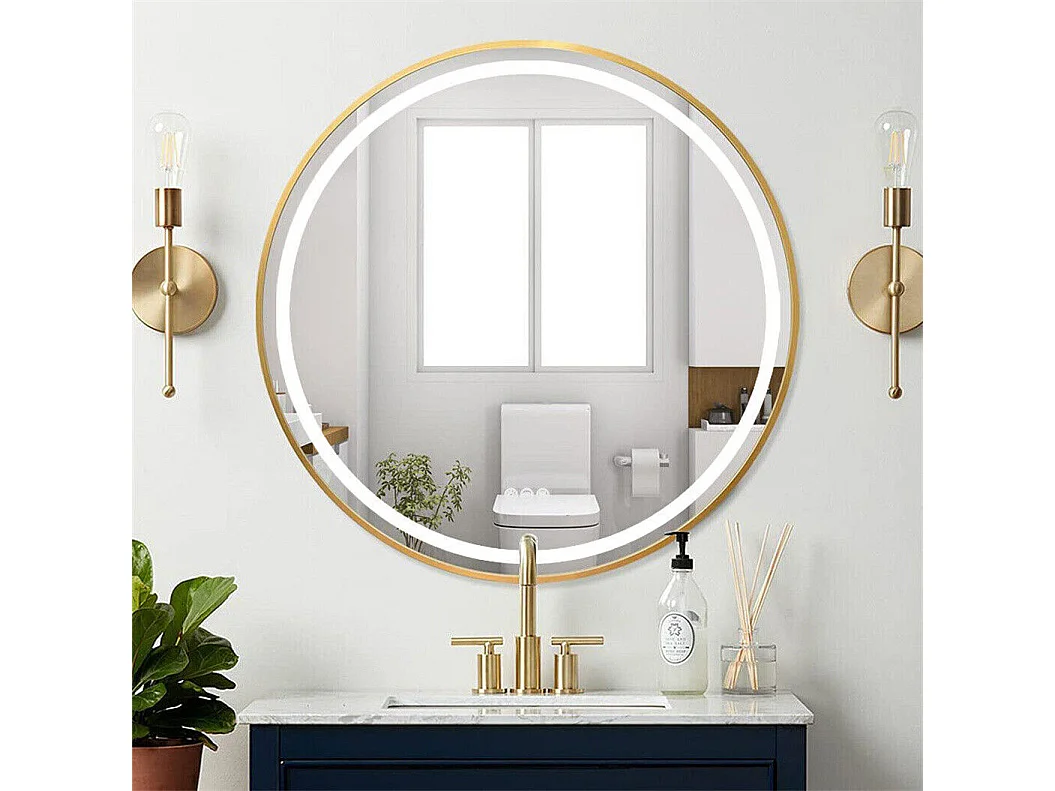 Miroir salle de bain led rond doré avec 3 couleurs réglables antibuée 60x60cm