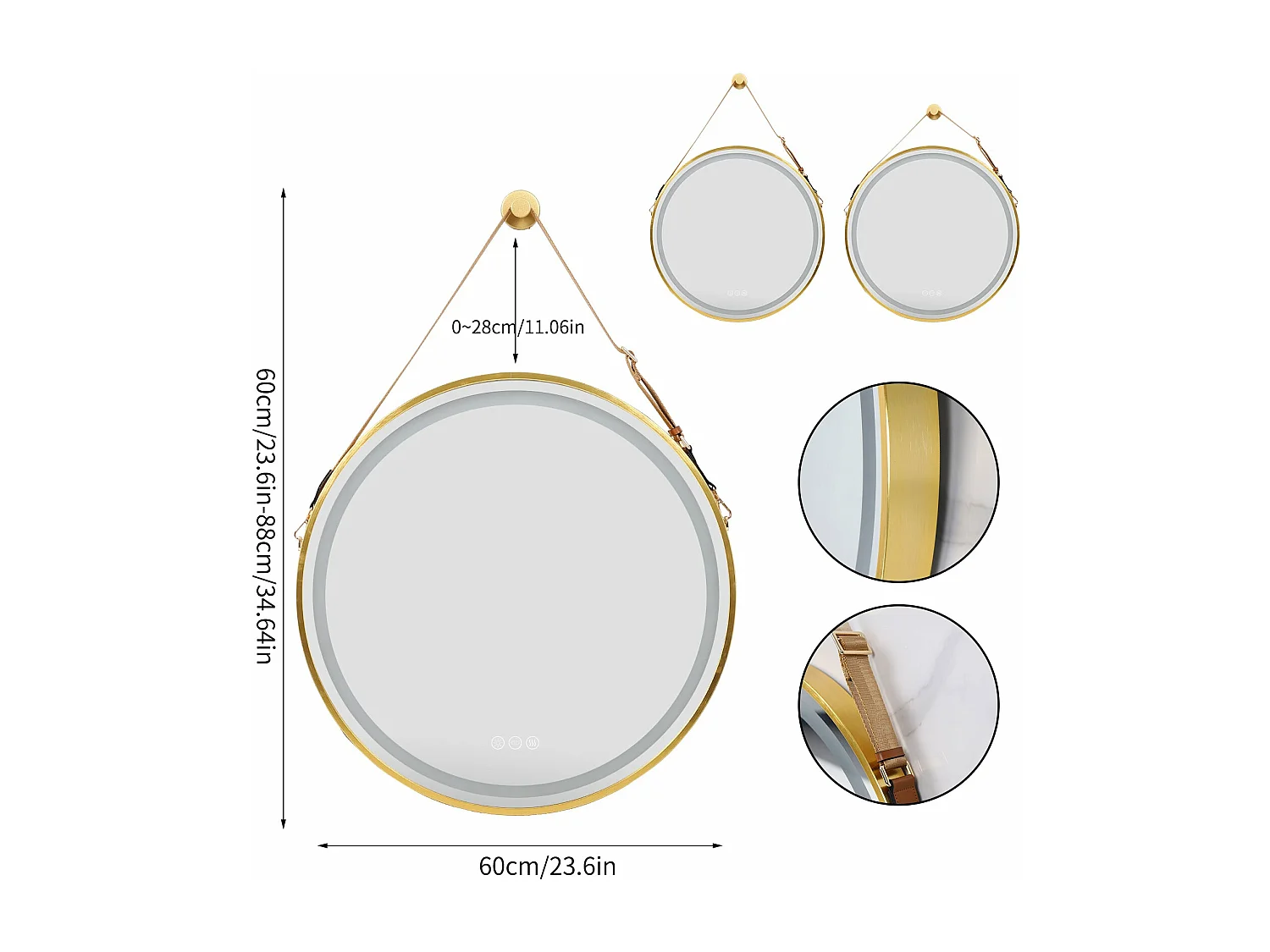 Miroir salle de bain led rond doré avec 3 couleurs réglables antibuée 60x60cm