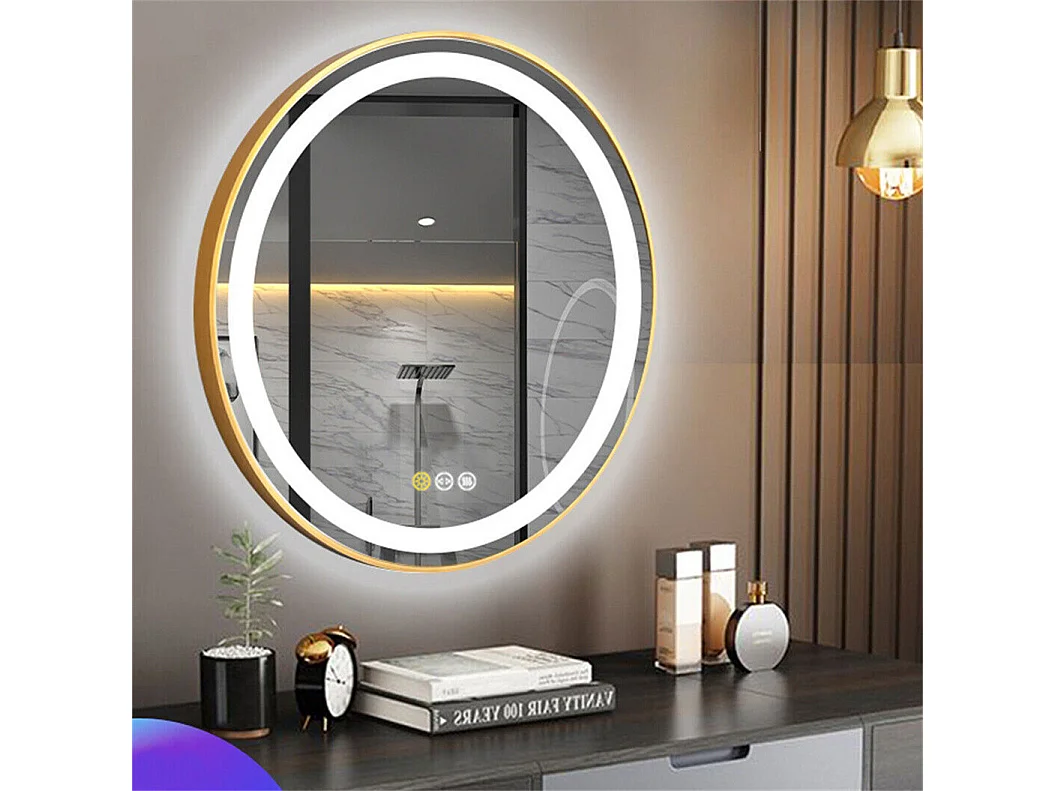 Miroir salle de bain led rond doré avec 3 couleurs réglables antibuée 60x60cm