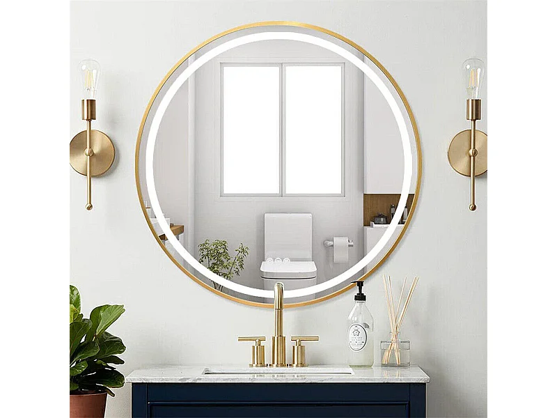 Miroir salle de bain led rond doré avec 3 couleurs réglables antibuée 60x60cm