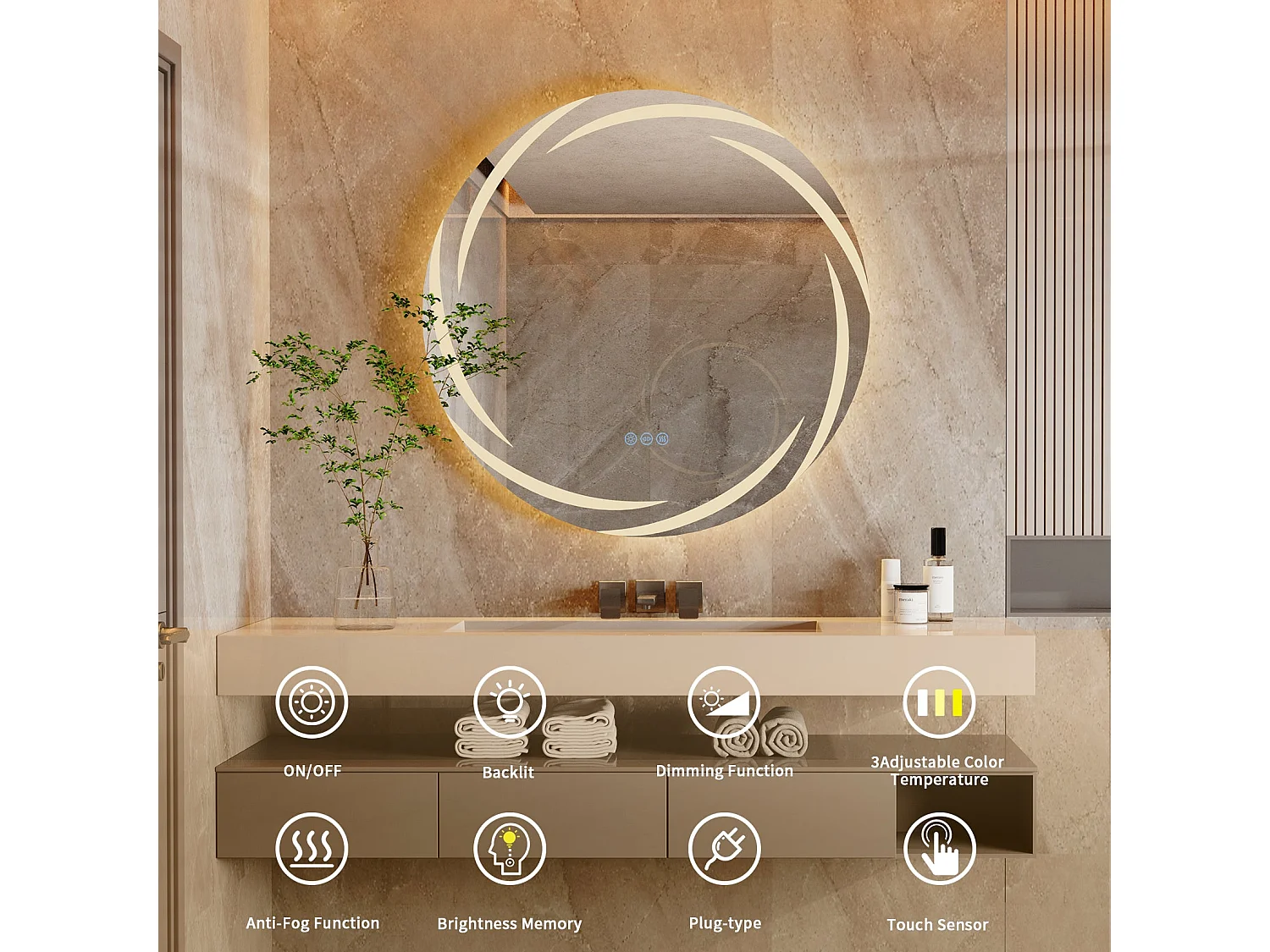 Specchio da bagno a parete, specchio da toilette a LED, specchio antiappannamento illuminato, specchio connesso, 3 touch screen, 60x60cm