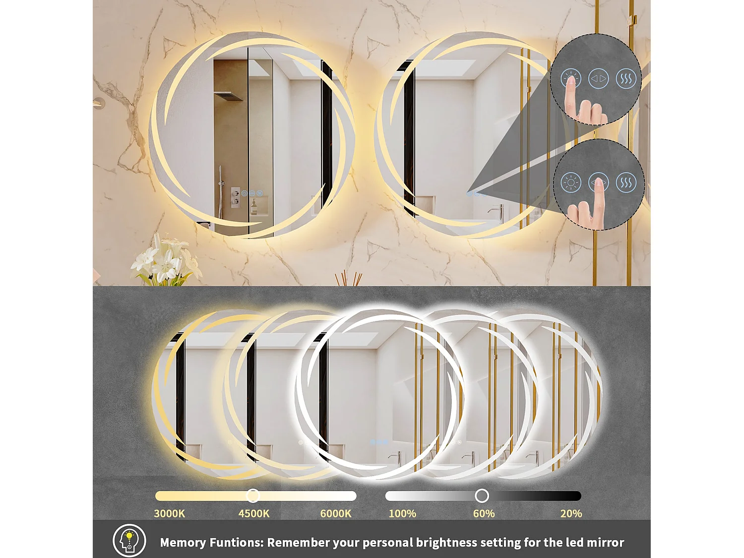 Specchio da bagno a parete, specchio da toilette a LED, specchio antiappannamento illuminato, specchio connesso, 3 touch screen, 60x60cm