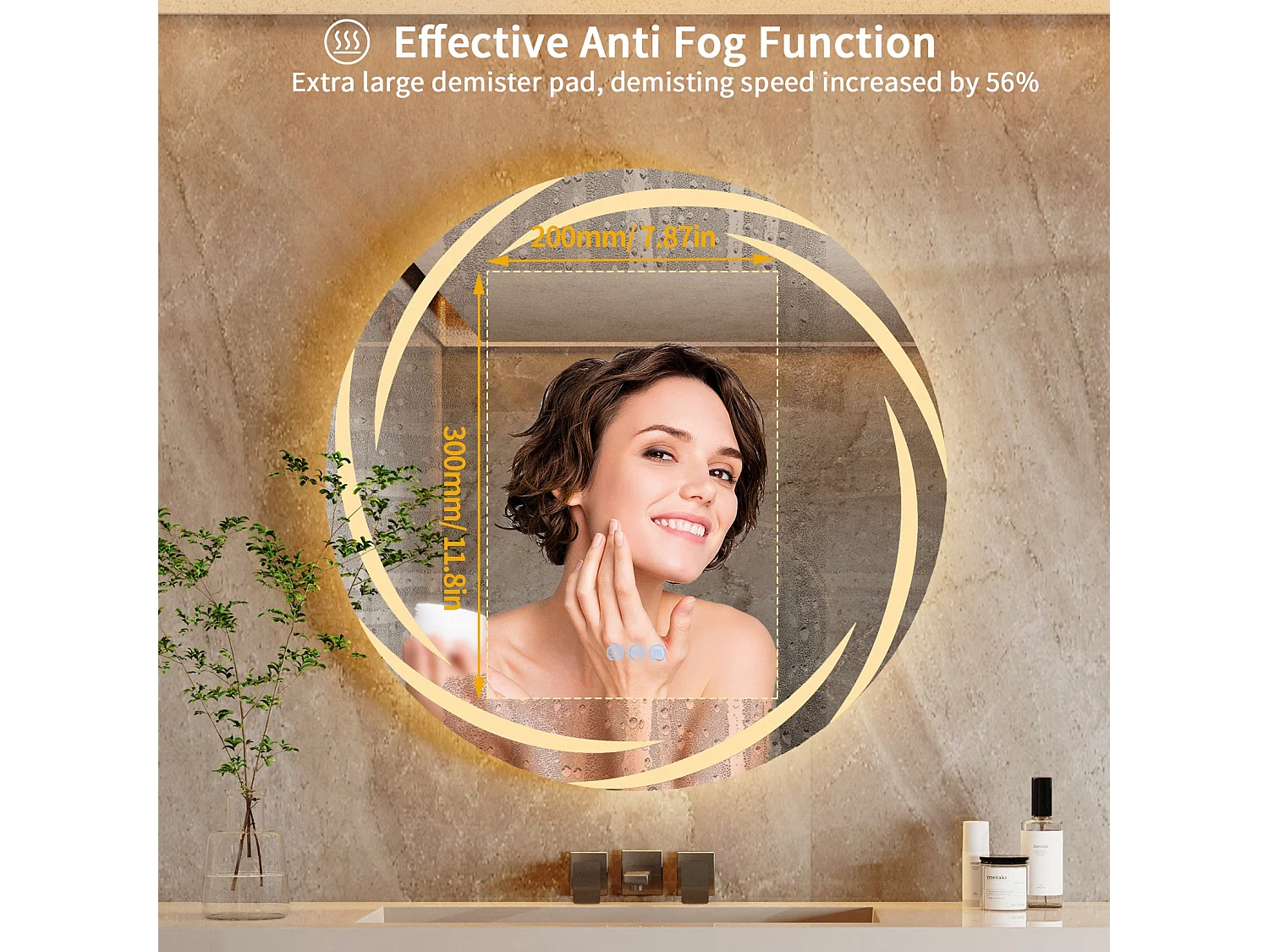 Specchio da bagno a parete, specchio da toilette a LED, specchio antiappannamento illuminato, specchio connesso, 3 touch screen, 60x60cm