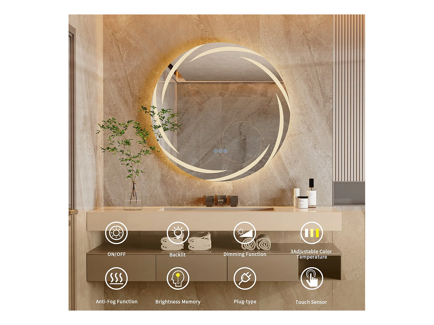 Espejo de baño de pared, espejo de tocador LED, espejo antivaho iluminado, espejo conectado, 3 pantallas táctiles, 60x60cm