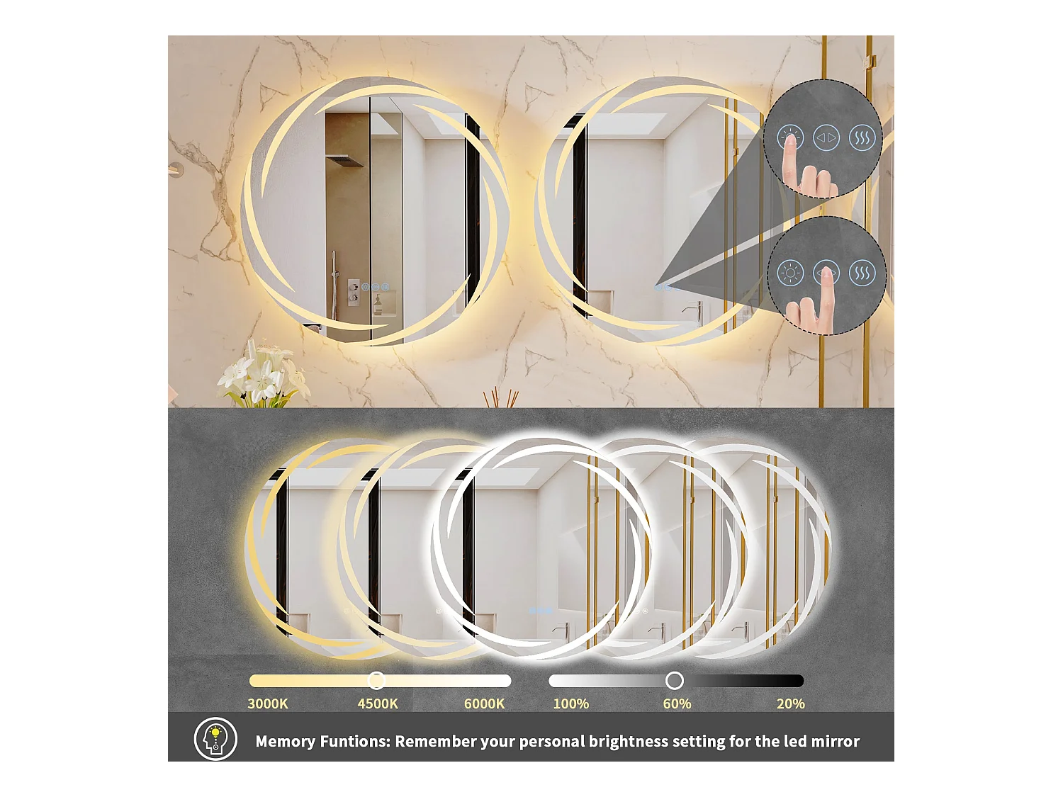 Espejo de baño de pared, espejo de tocador LED, espejo antivaho iluminado, espejo conectado, 3 pantallas táctiles, 60x60cm