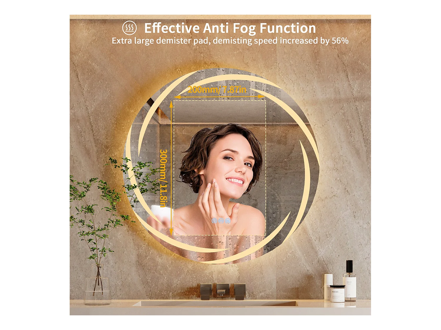Espejo de baño de pared, espejo de tocador LED, espejo antivaho iluminado, espejo conectado, 3 pantallas táctiles, 60x60cm