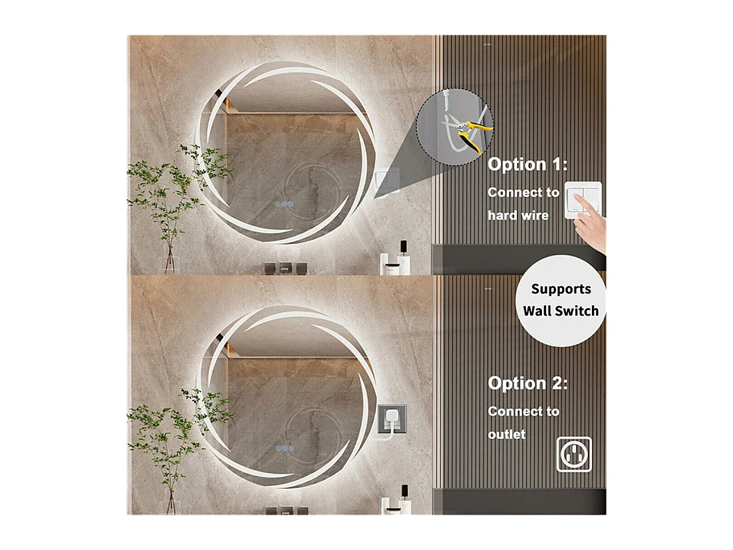 Espejo de baño de pared, espejo de tocador LED, espejo antivaho iluminado, espejo conectado, 3 pantallas táctiles, 60x60cm