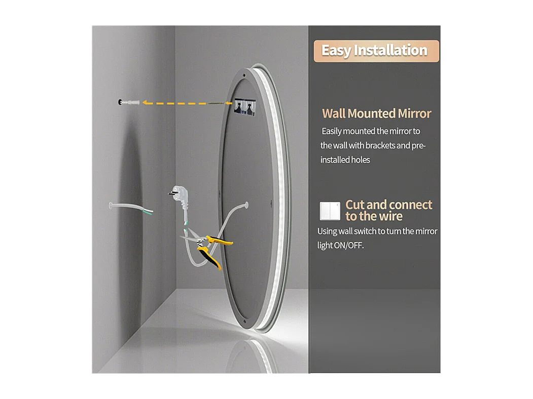 Espejo de baño de pared, espejo de tocador LED, espejo antivaho iluminado, espejo conectado, 3 pantallas táctiles, 60x60cm