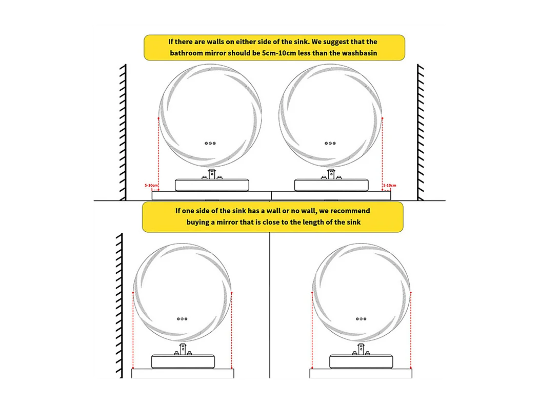 Espejo de baño de pared, espejo de tocador LED, espejo antivaho iluminado, espejo conectado, 3 pantallas táctiles, 60x60cm
