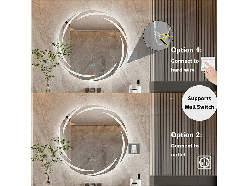 Miroir salle de bain mural miroir toilette led miroir lumineux anti buée miroir connecté 3 tactiles 60x60cm