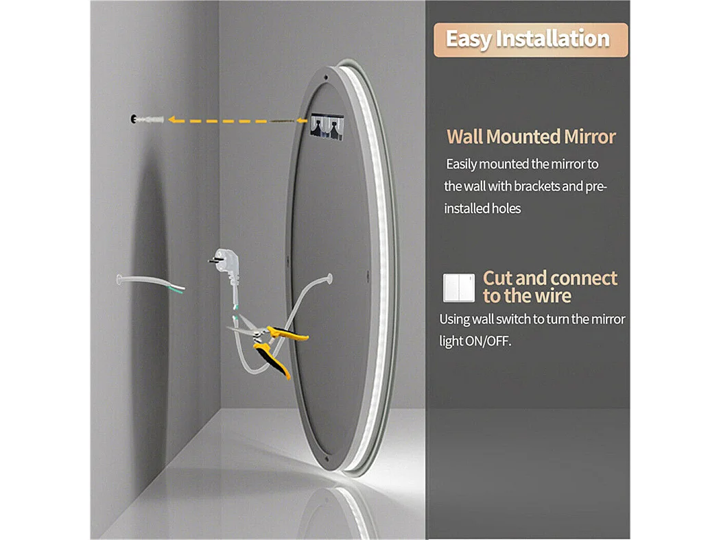 Miroir salle de bain mural miroir toilette led miroir lumineux anti buée miroir connecté 3 tactiles 60x60cm
