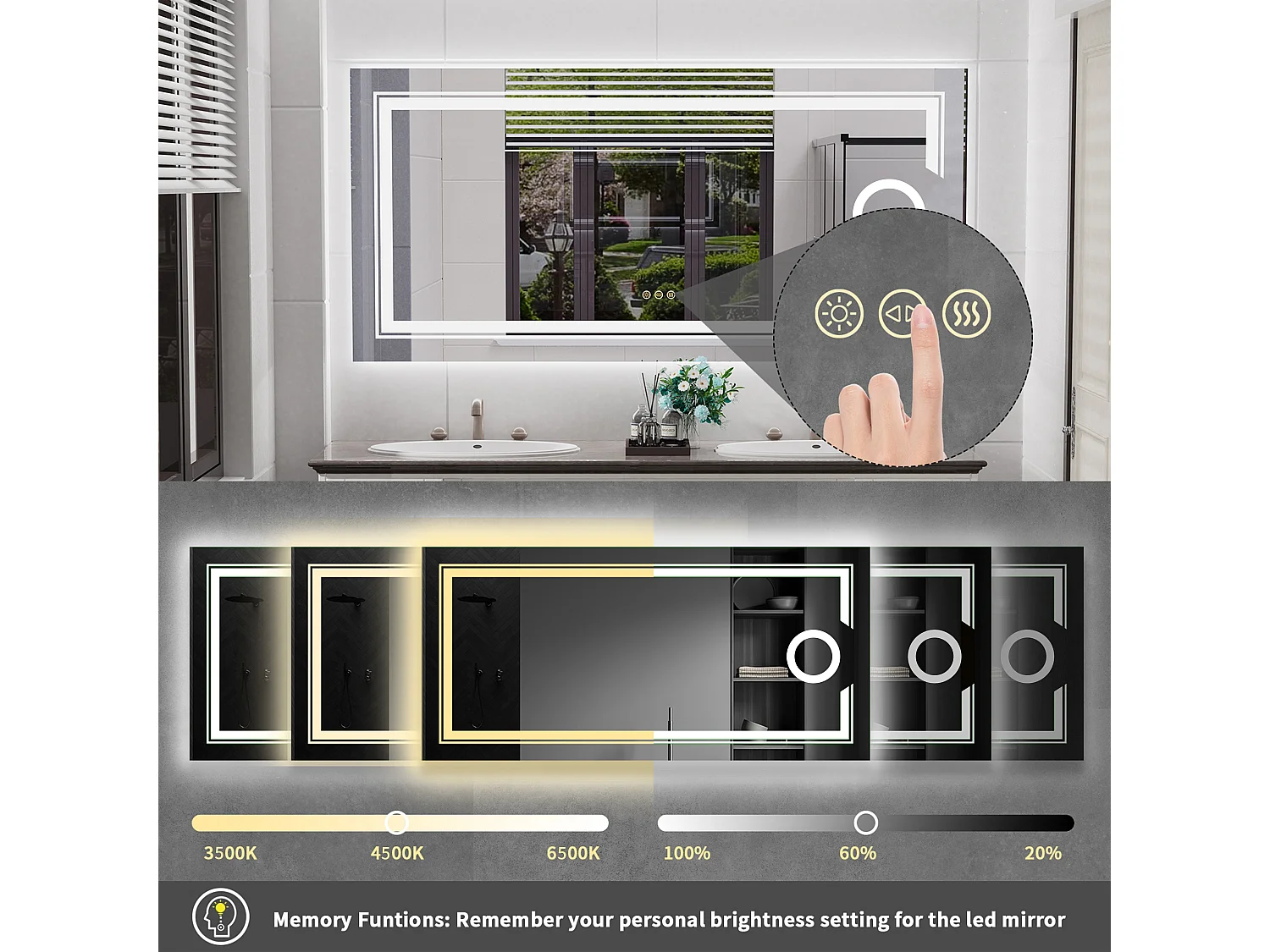 Miroir salle de bain lumineux grossissant grand miroir mural avec éclairage led 120x60cm