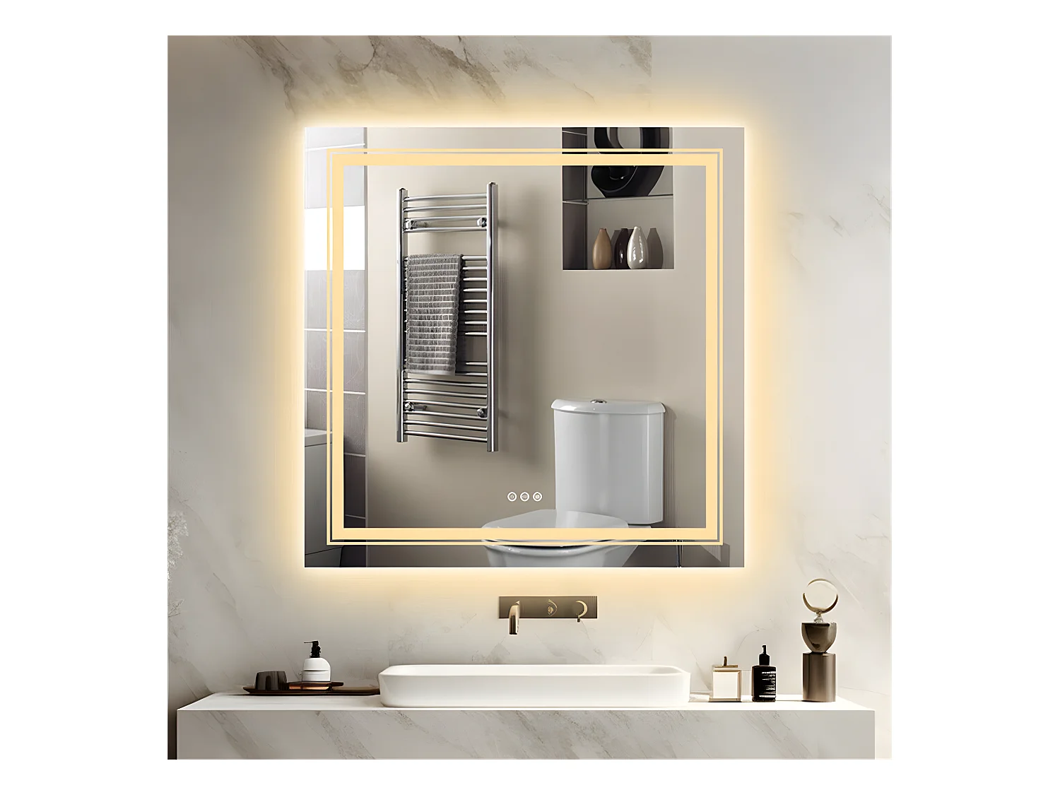 LED quadratischer Badezimmerspiegel 90x90cm dreifarbig beleuchteter Wandspiegel beschlagfrei 90x90cm