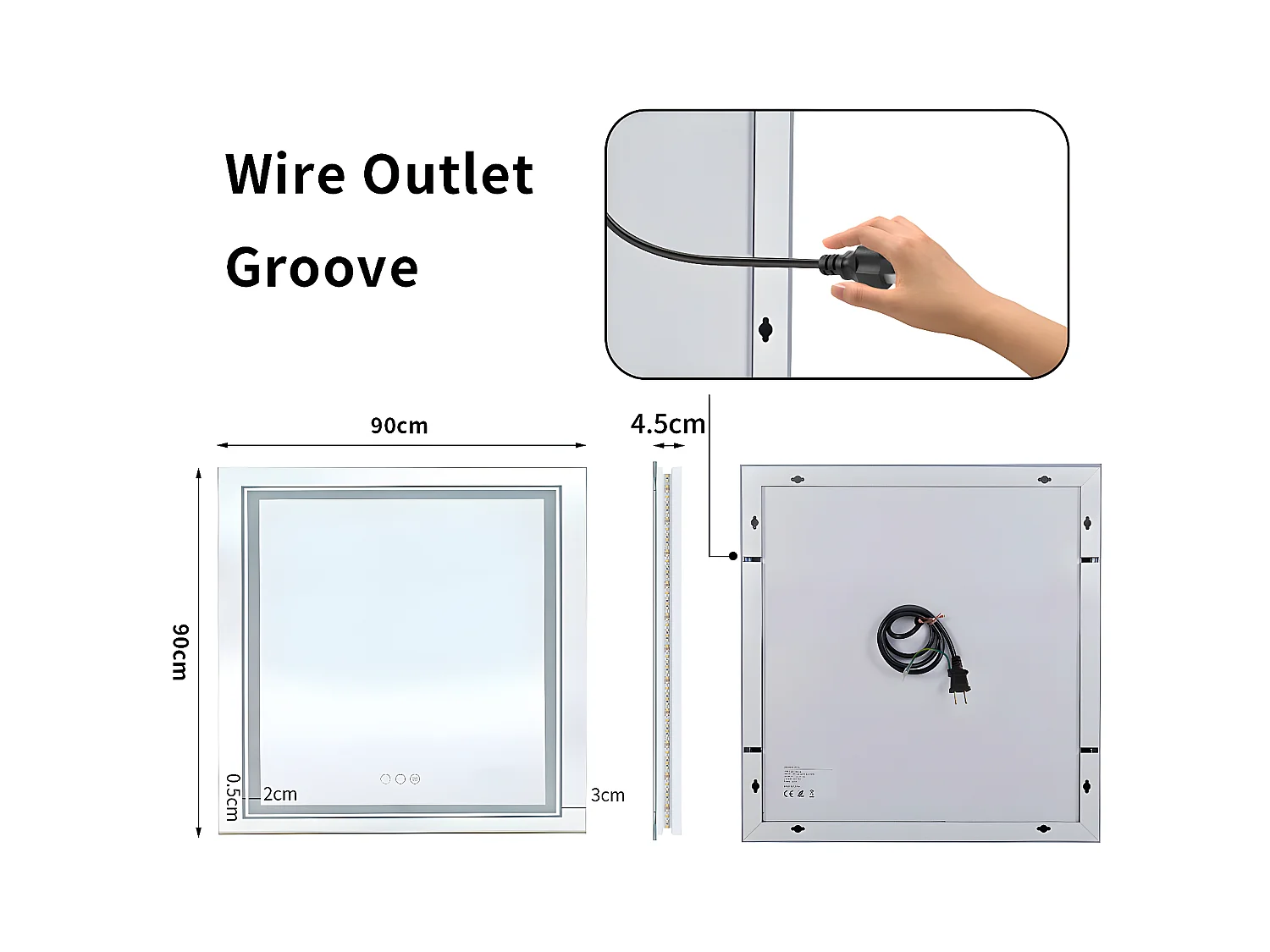 LED quadratischer Badezimmerspiegel 90x90cm dreifarbig beleuchteter Wandspiegel beschlagfrei 90x90cm