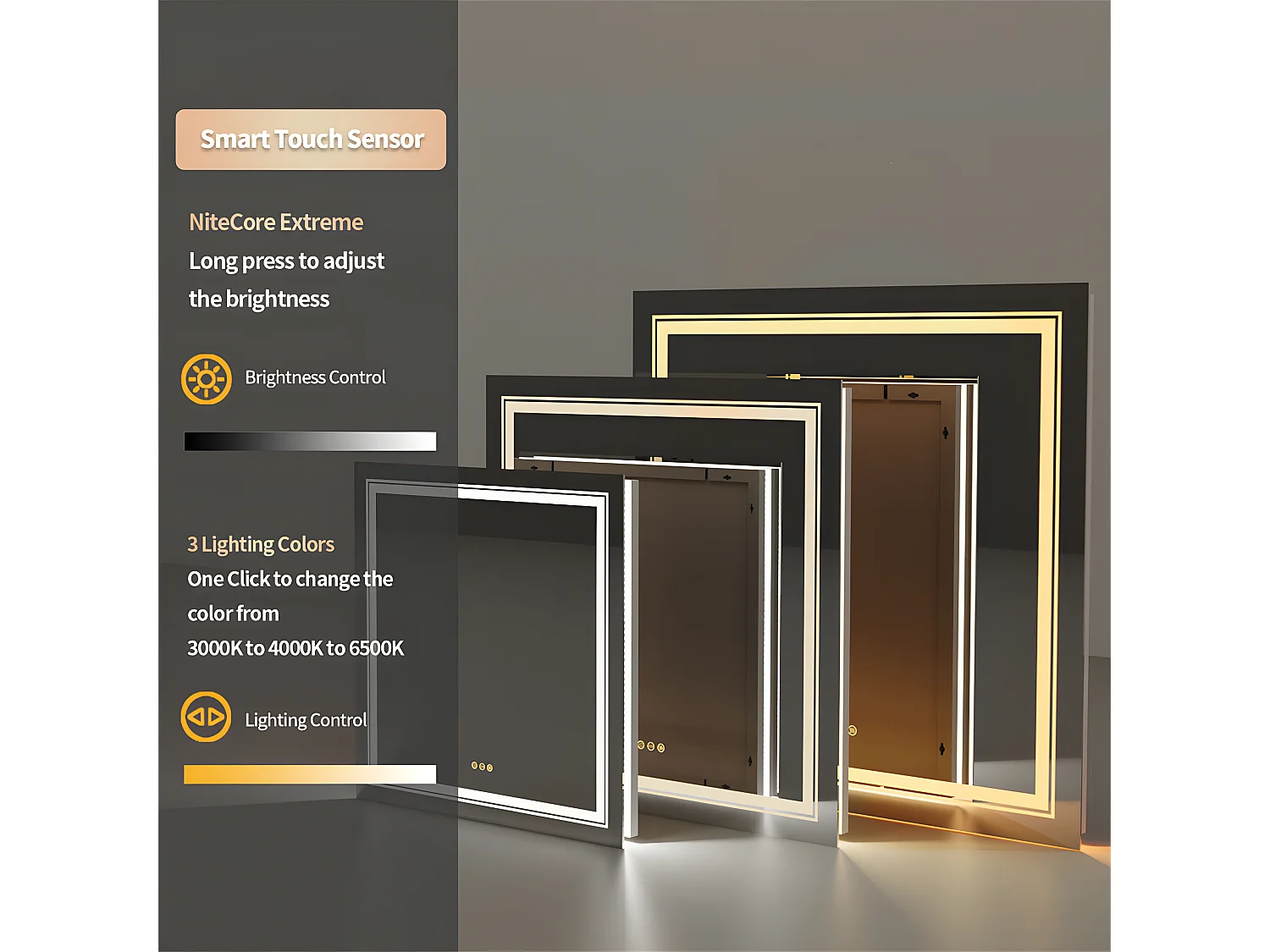 LED quadratischer Badezimmerspiegel 90x90cm dreifarbig beleuchteter Wandspiegel beschlagfrei 90x90cm