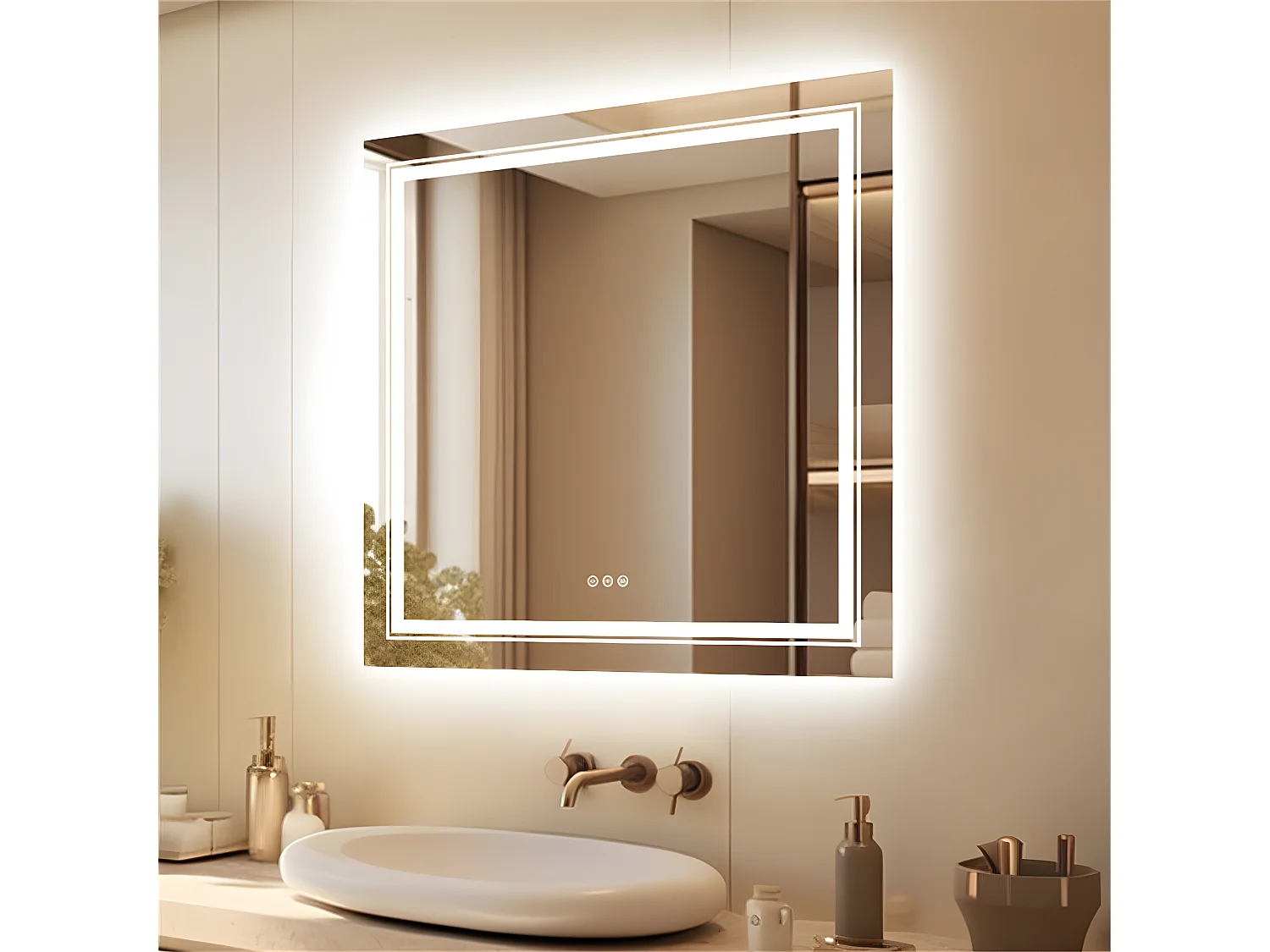 LED quadratischer Badezimmerspiegel 90x90cm dreifarbig beleuchteter Wandspiegel beschlagfrei 90x90cm