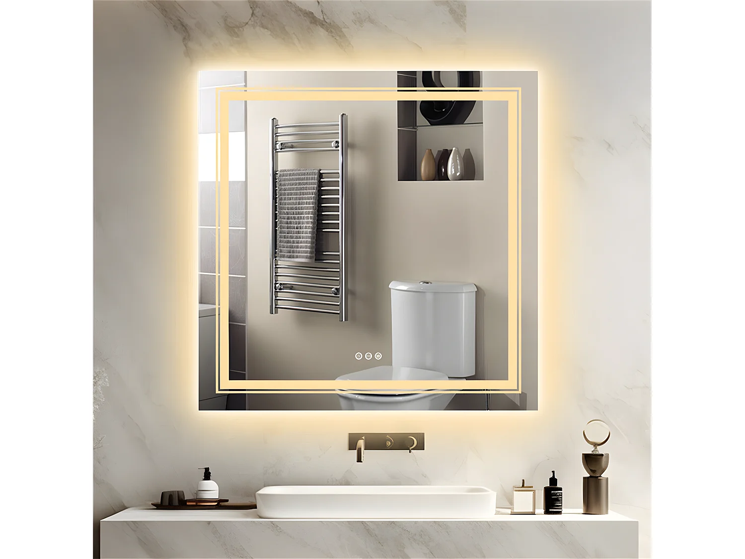 Miroir de salle de bain carré led 90x90cm miroir mural lumineux tricolore anti-buée 90x90cm
