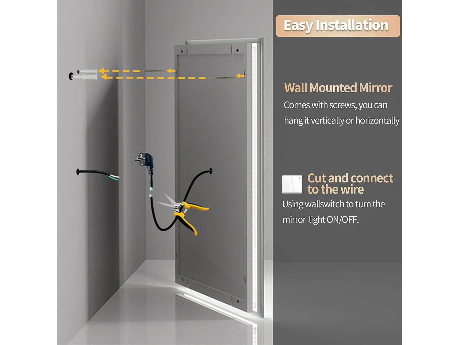 Miroir de salle de bain carré led 90x90cm miroir mural lumineux tricolore anti-buée 90x90cm