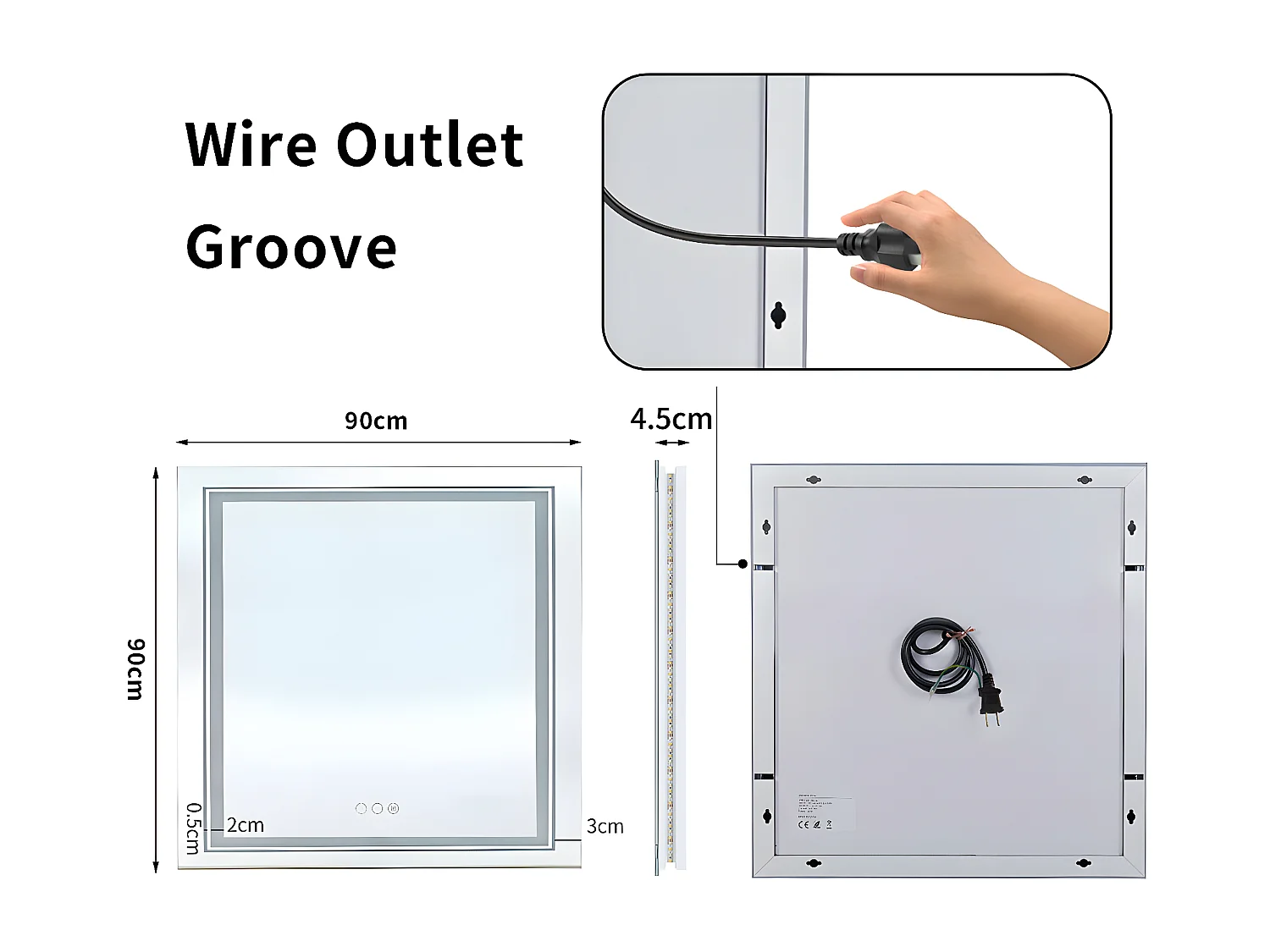 Miroir de salle de bain carré led 90x90cm miroir mural lumineux tricolore anti-buée 90x90cm