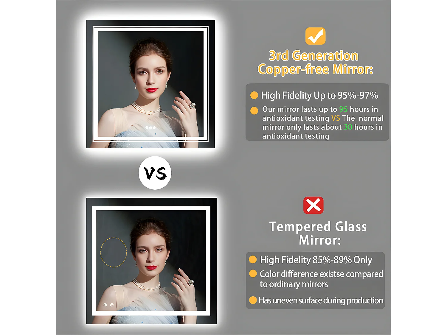 Miroir de salle de bain carré led 90x90cm miroir mural lumineux tricolore anti-buée 90x90cm