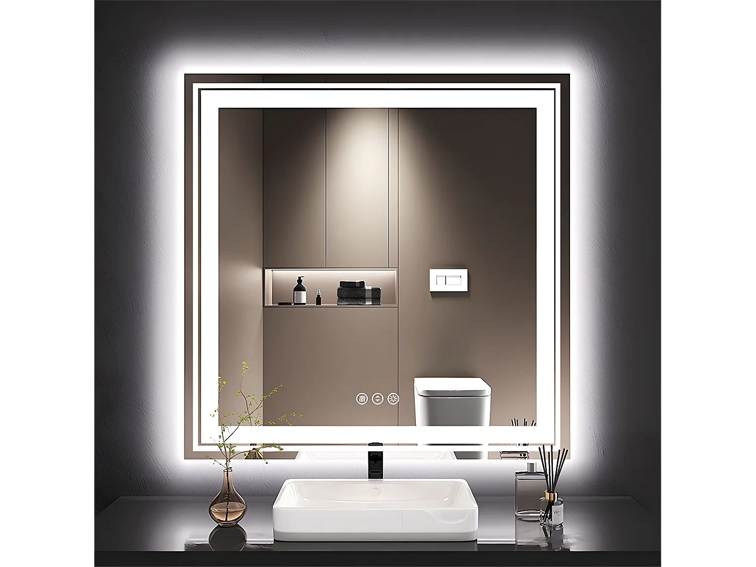 Espejo de baño cuadrado LED 90x90cm espejo de pared iluminado tricolor antivaho 90x90cm