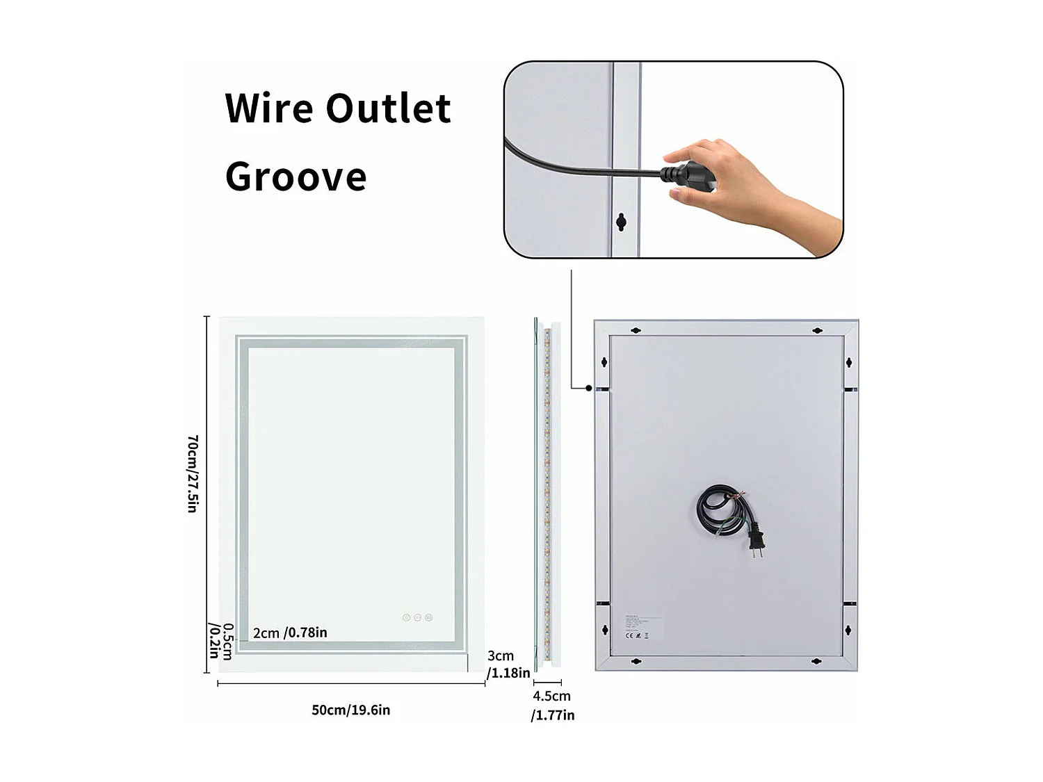 Miroir salle de bain led 70x50cm miroir mural retroeclairé rectangulaire anti buée 50x70cm