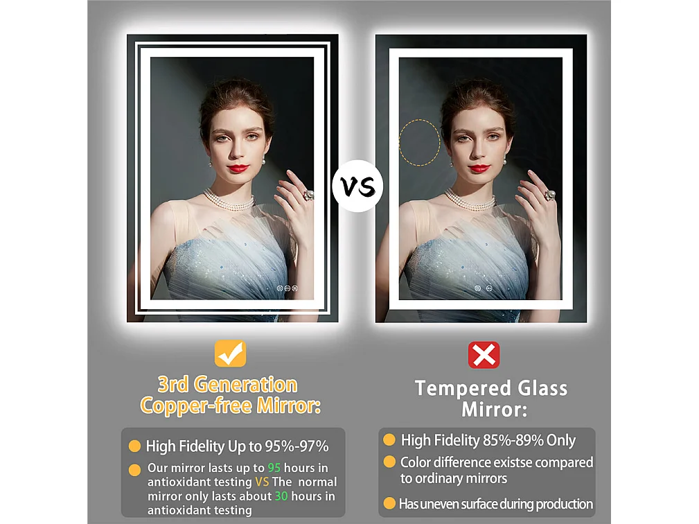 Miroir salle de bain led 70x50cm miroir mural retroeclairé rectangulaire anti buée 50x70cm