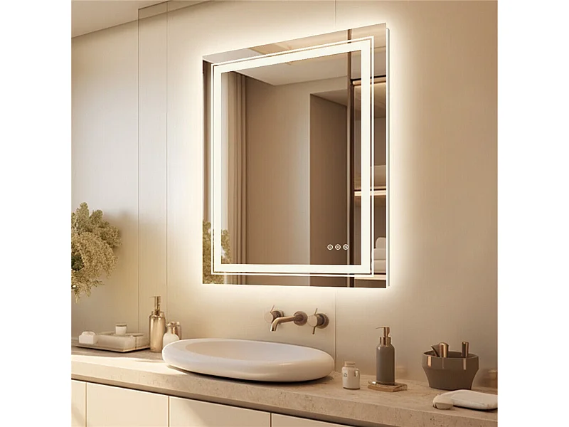 Lustro łazienkowe LED 90x70cm prostokątne podświetlane lustro ścienne anty-parowanie 90x70cm