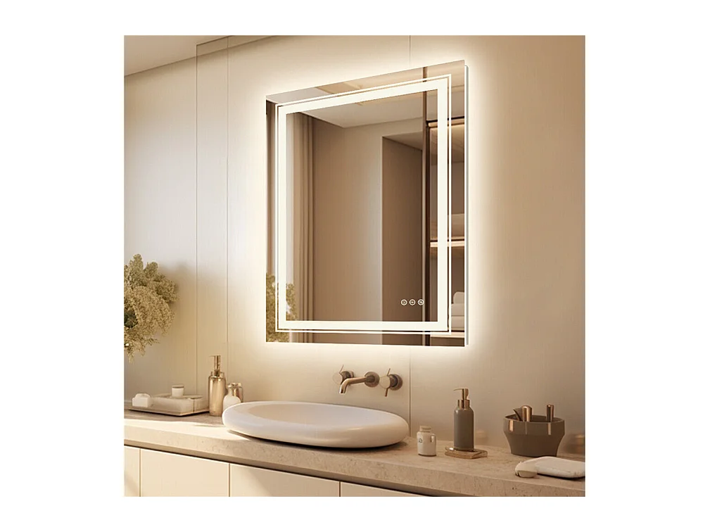 Lustro łazienkowe LED 90x70cm prostokątne podświetlane lustro ścienne anty-parowanie 90x70cm