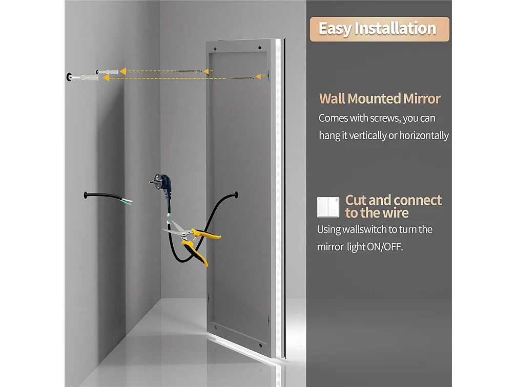 Miroir salle de bain led 90x70cm miroir mural retroeclairé rctangulaire anti-buée 90x70cm