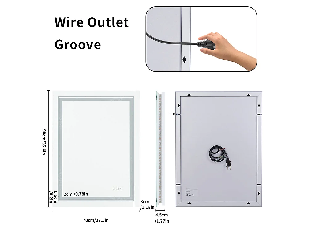 Lustro łazienkowe LED 90x70cm prostokątne podświetlane lustro ścienne anty-parowanie 90x70cm