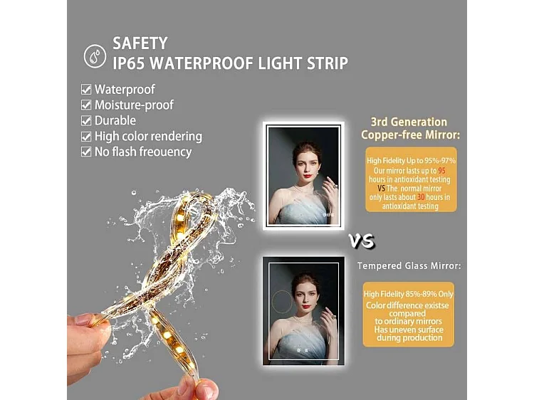 Miroir salle de bain led 70x50cm miroir mural avec éclairage anti bueé 50x70cm