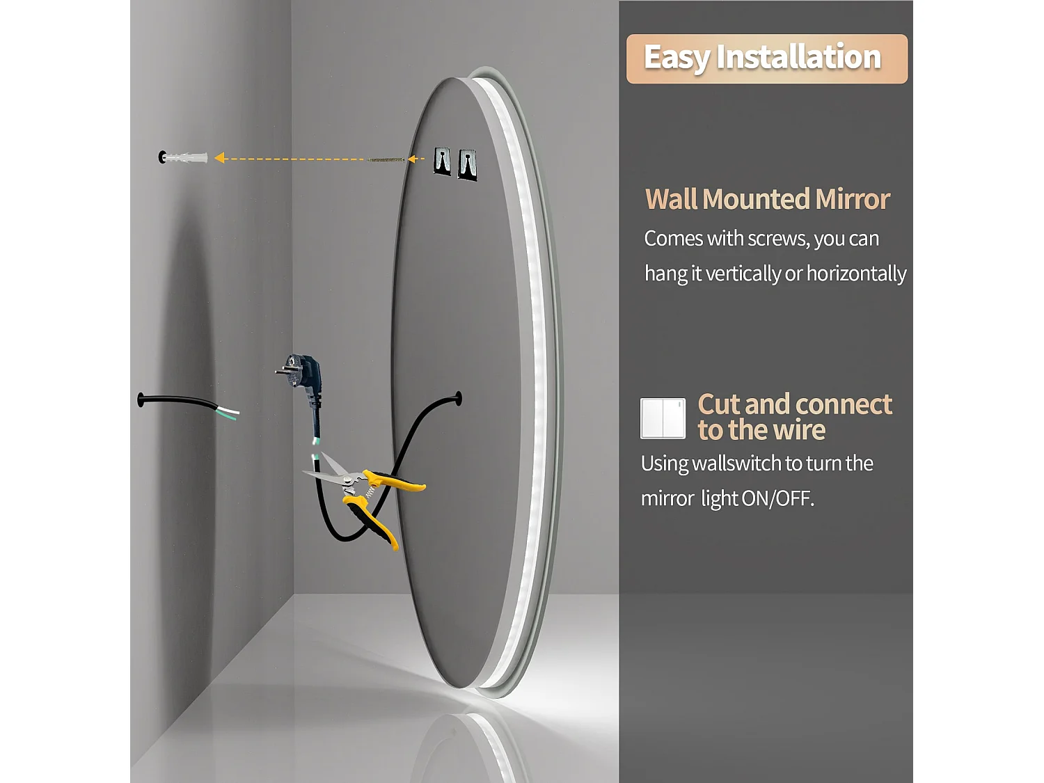 Miroir salle de bain led rond 80x80cm miroir mural avec éclairage intégré anti-buée 80x80cm