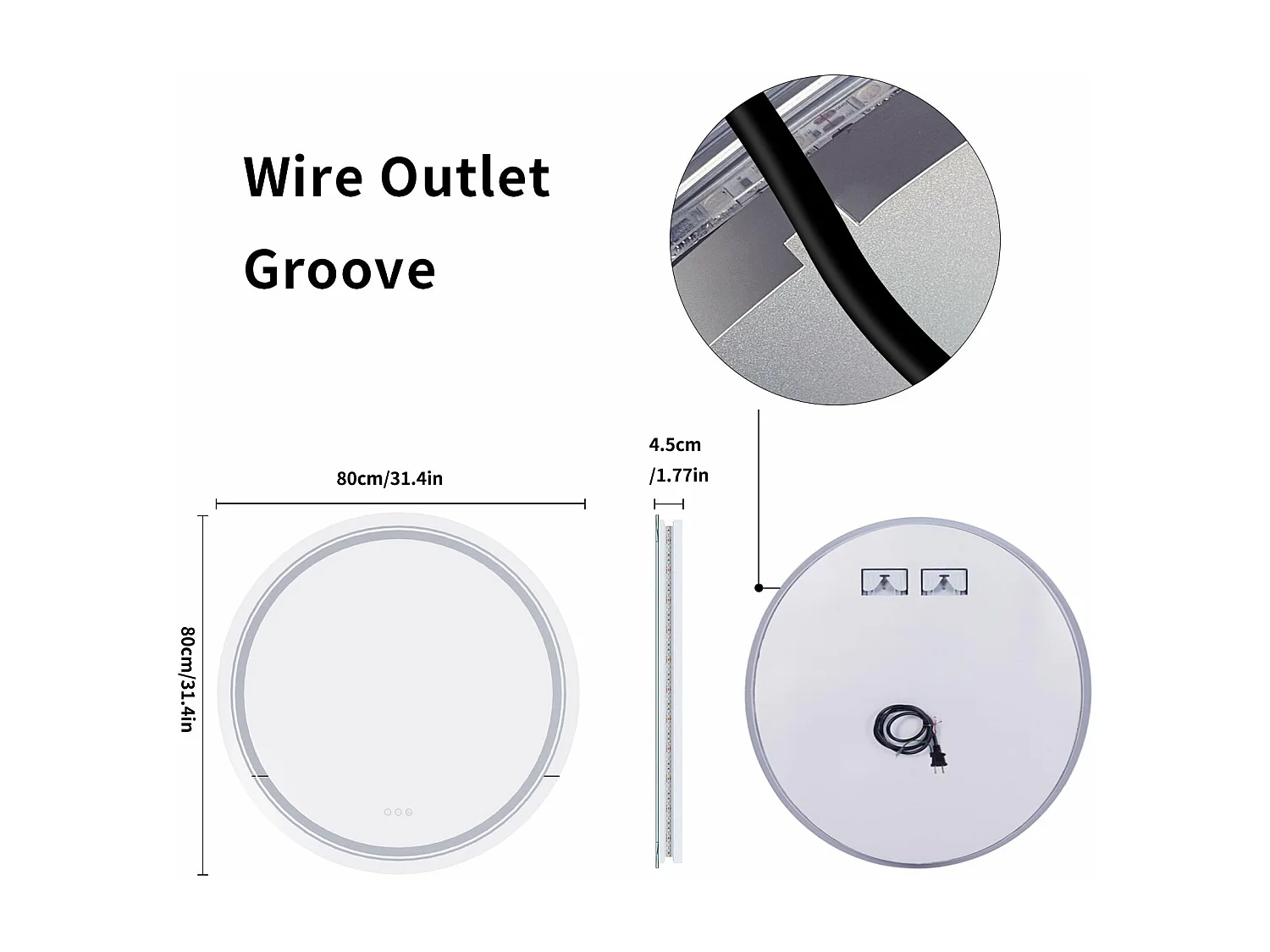 Miroir salle de bain led rond 80x80cm miroir mural avec éclairage intégré anti-buée 80x80cm