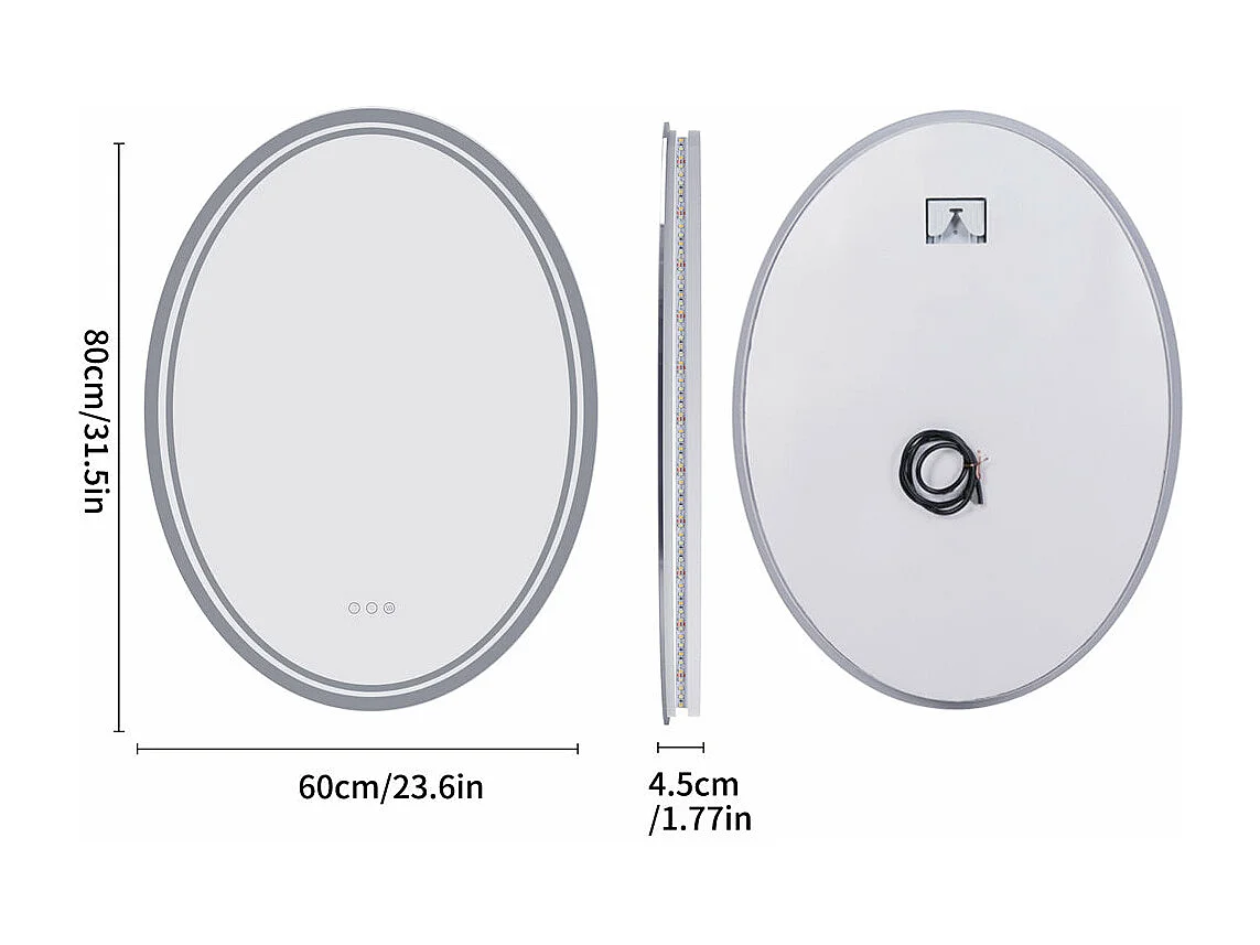 Specchio da bagno ovale a LED antiappannamento da parete con illuminazione a 3 colori regolabili 60x80cm