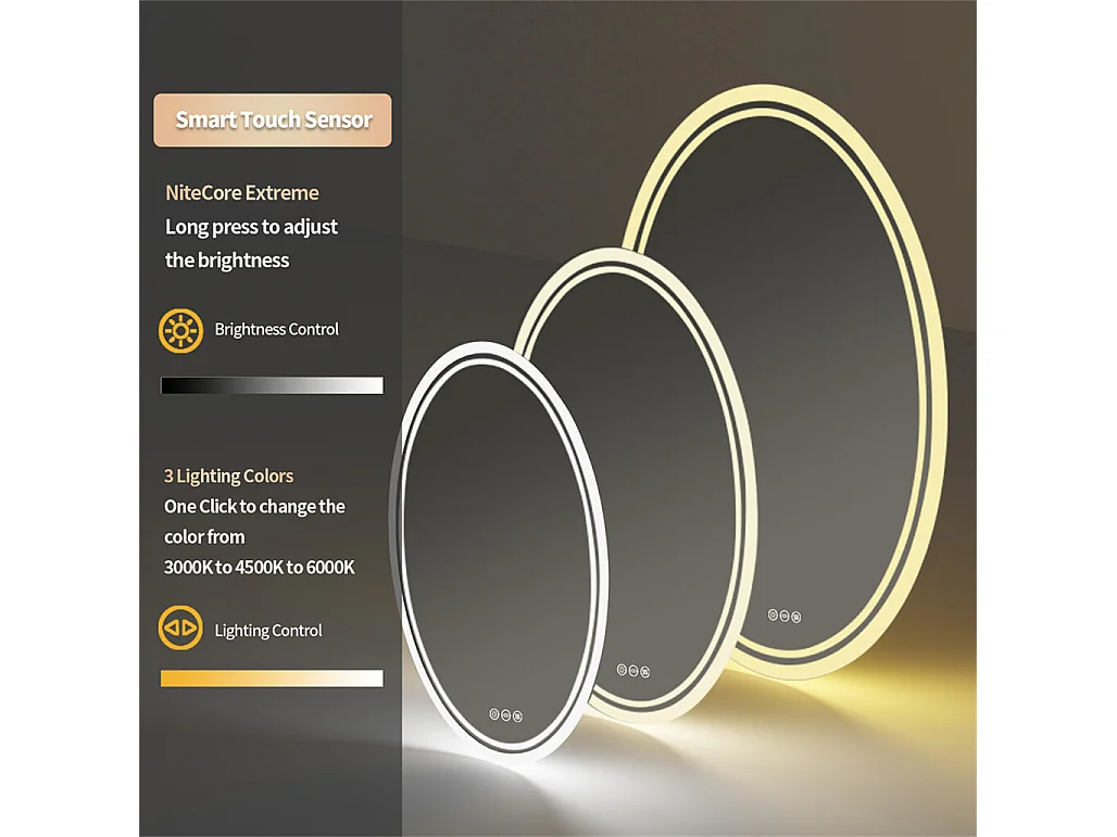 Specchio da bagno ovale a LED antiappannamento da parete con illuminazione a 3 colori regolabili 60x80cm