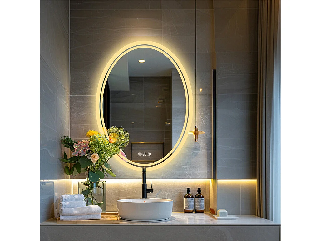 Specchio da bagno ovale a LED antiappannamento da parete con illuminazione a 3 colori regolabili 60x80cm