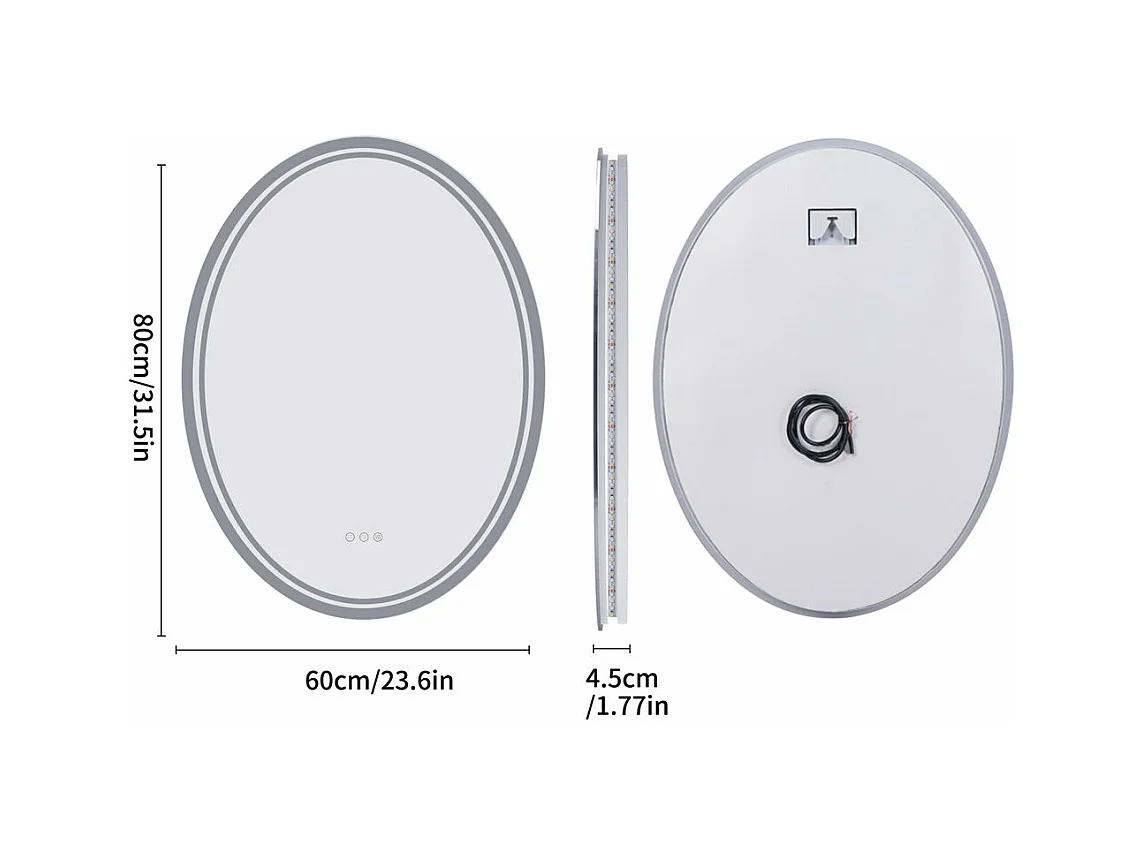 Ovaler LED Badezimmerspiegel Antibeschlag Wandspiegel mit 3 einstellbarer Farbbeleuchtung 60x80cm