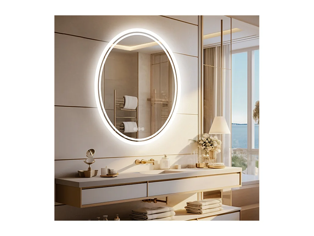 Ovaler LED Badezimmerspiegel Antibeschlag Wandspiegel mit 3 einstellbarer Farbbeleuchtung 60x80cm