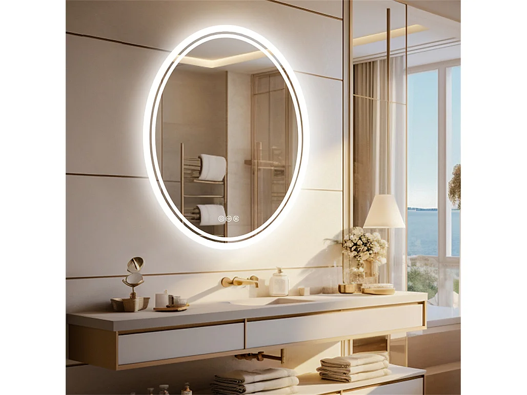 Ovaler LED Badezimmerspiegel Antibeschlag Wandspiegel mit 3 einstellbarer Farbbeleuchtung 60x80cm