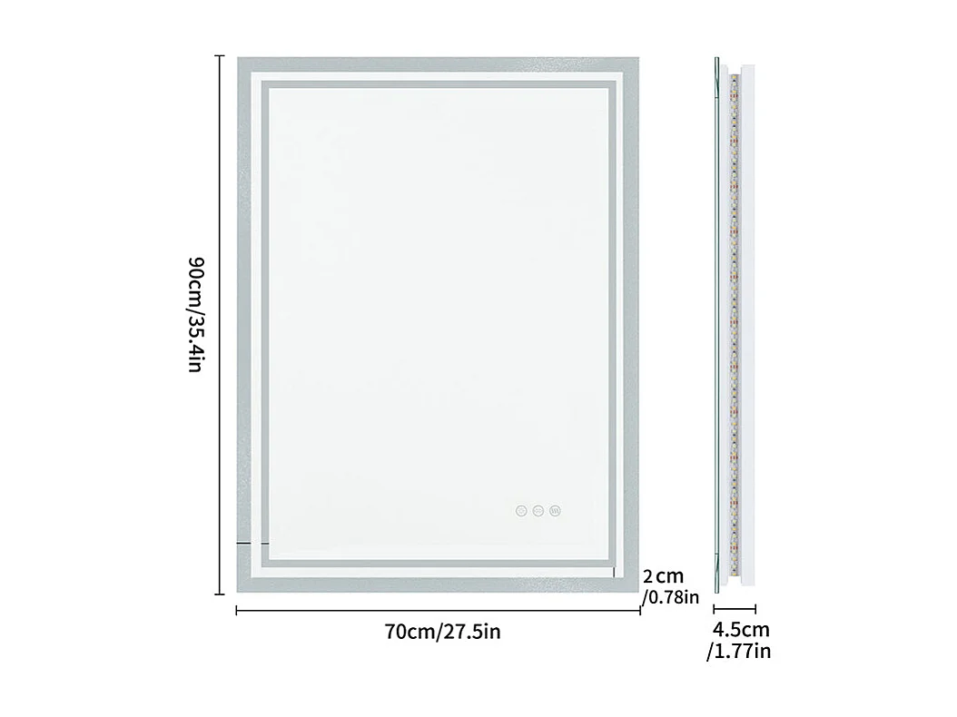 Rechteckiger LED-Badezimmerspiegel mit 3 einstellbarer Farbbeleuchtung 90x70cm