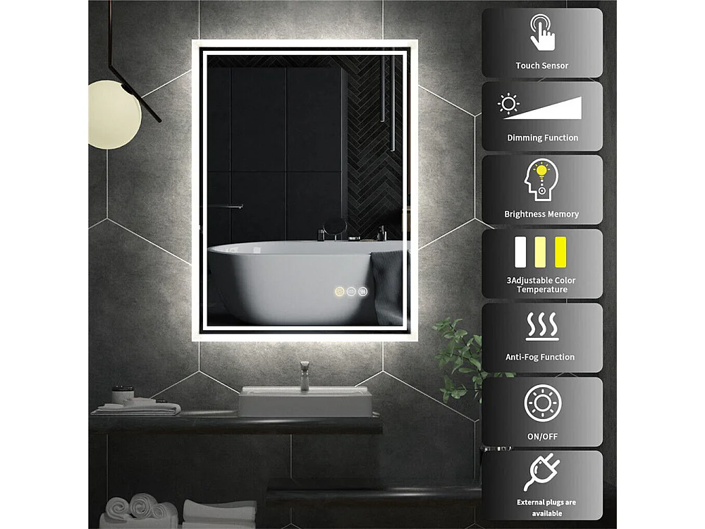 Rechteckiger LED-Badezimmerspiegel mit 3 einstellbarer Farbbeleuchtung 90x70cm