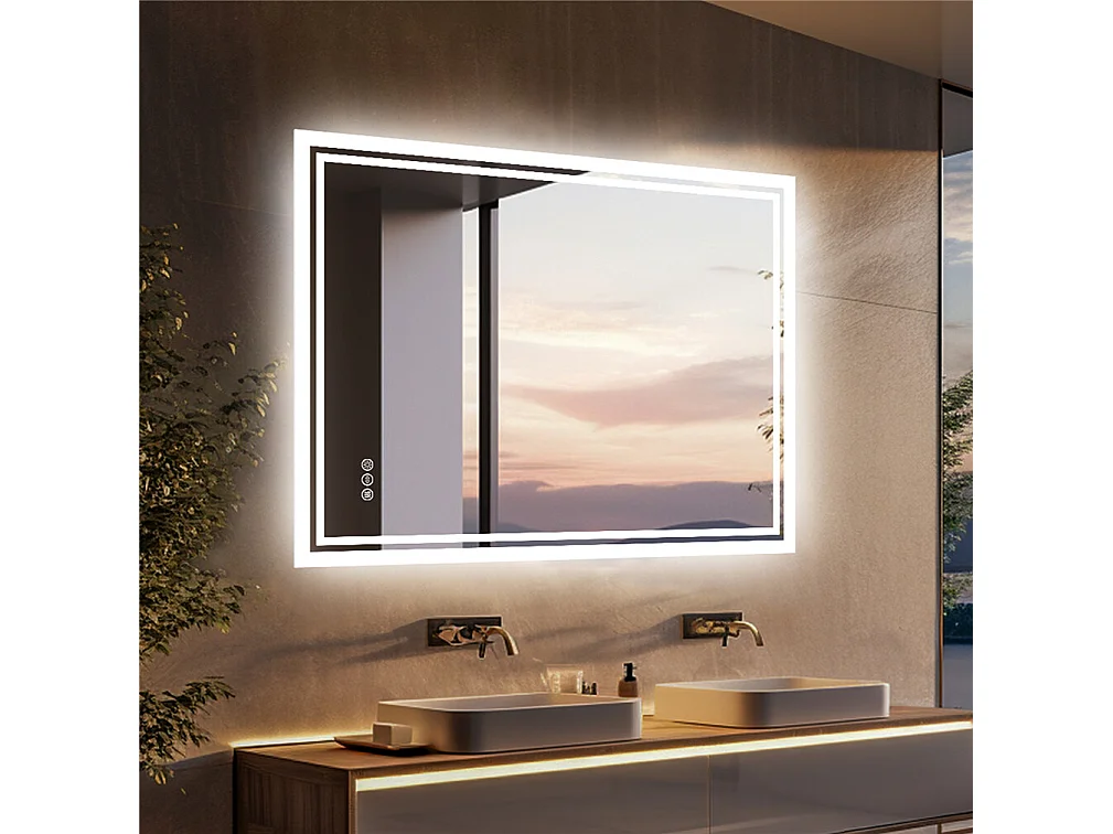 Rechteckiger LED-Badezimmerspiegel mit 3 einstellbarer Farbbeleuchtung 90x70cm