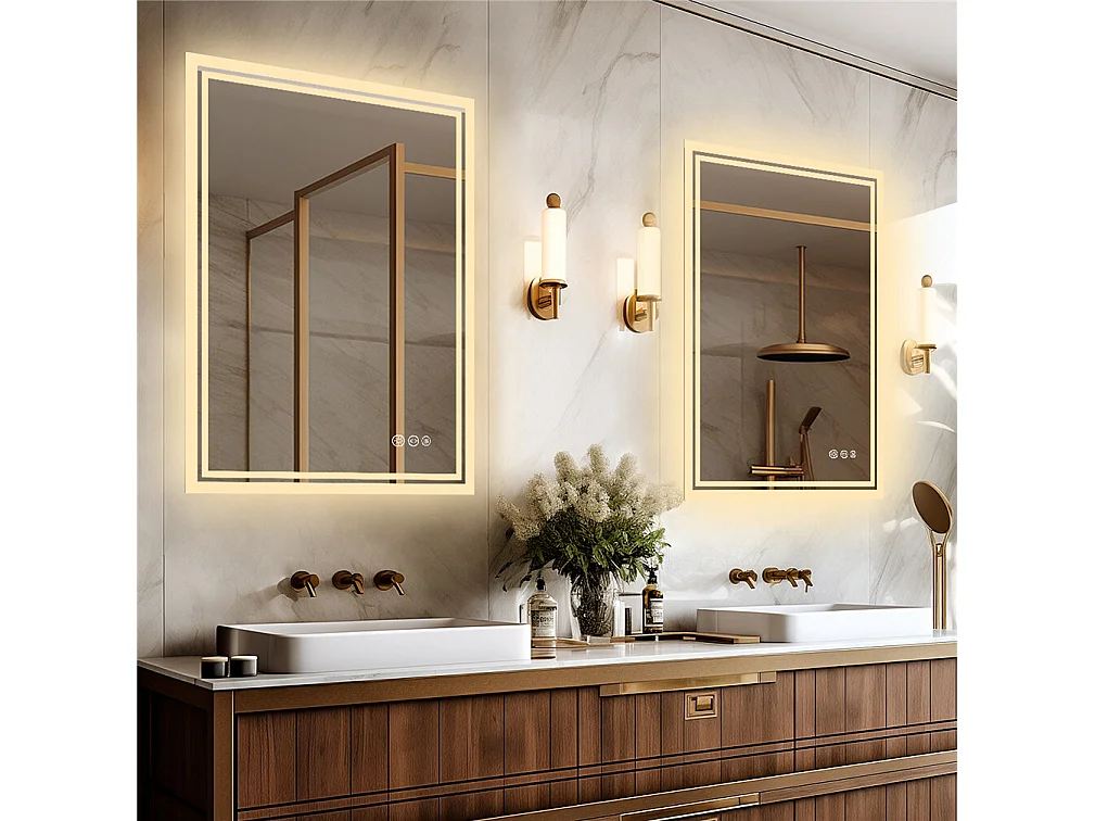 Rechteckiger LED-Badezimmerspiegel mit 3 einstellbarer Farbbeleuchtung 90x70cm