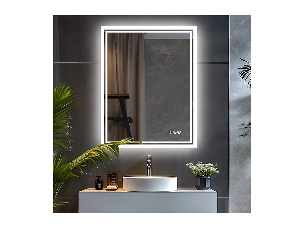 Rechthoekige LED-badkamerspiegel met 3 instelbare kleuren verlichting 90x70cm