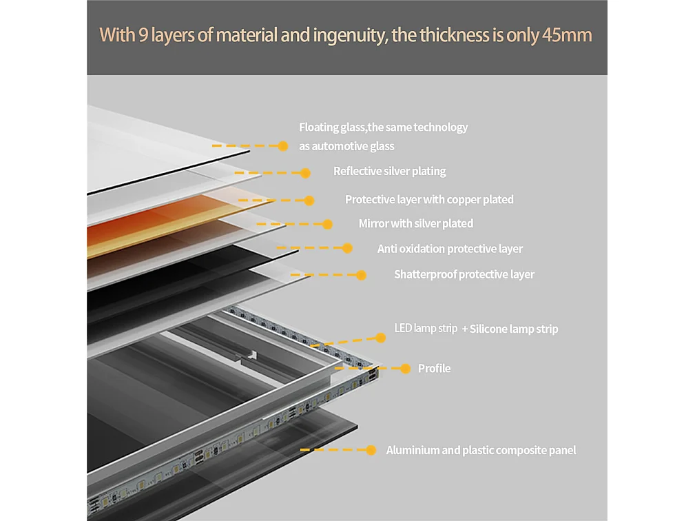 Miroir salle de bain led rectangulaire miroir avec éclairage 3 couleurs réglables 90x70cm