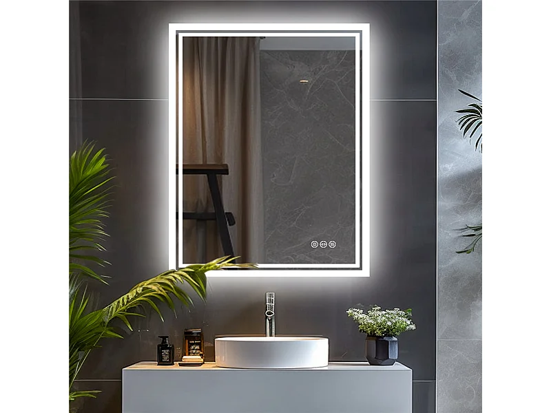 Miroir salle de bain led rectangulaire miroir avec éclairage 3 couleurs réglables 90x70cm