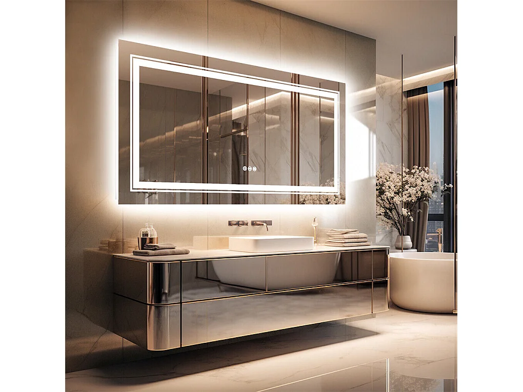 Miroir salle de bain led 100x60cm anti-buée 3 couleurs réglables IP67  miroir connecté avec prise