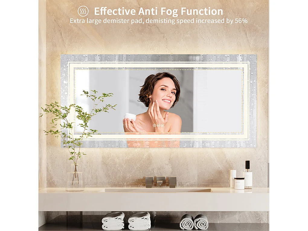 Miroir salle de bain led 100x60cm anti-buée 3 couleurs réglables IP67  miroir connecté avec prise